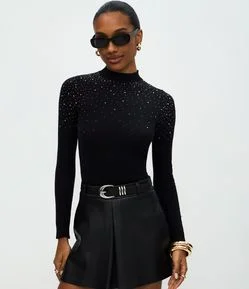 Blusa Regular em Tricô com Aplicação de Brilhos