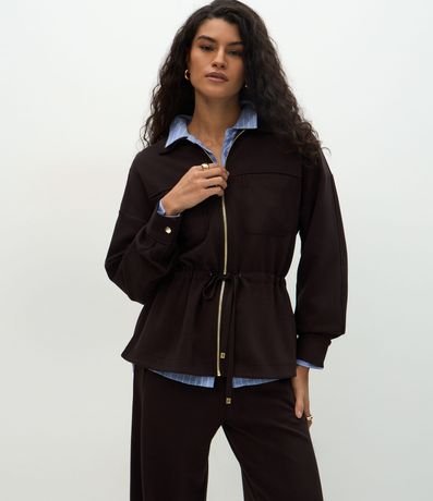 Jaqueta Parka em Modal com Zíper e Cordão Ajustável Marrom