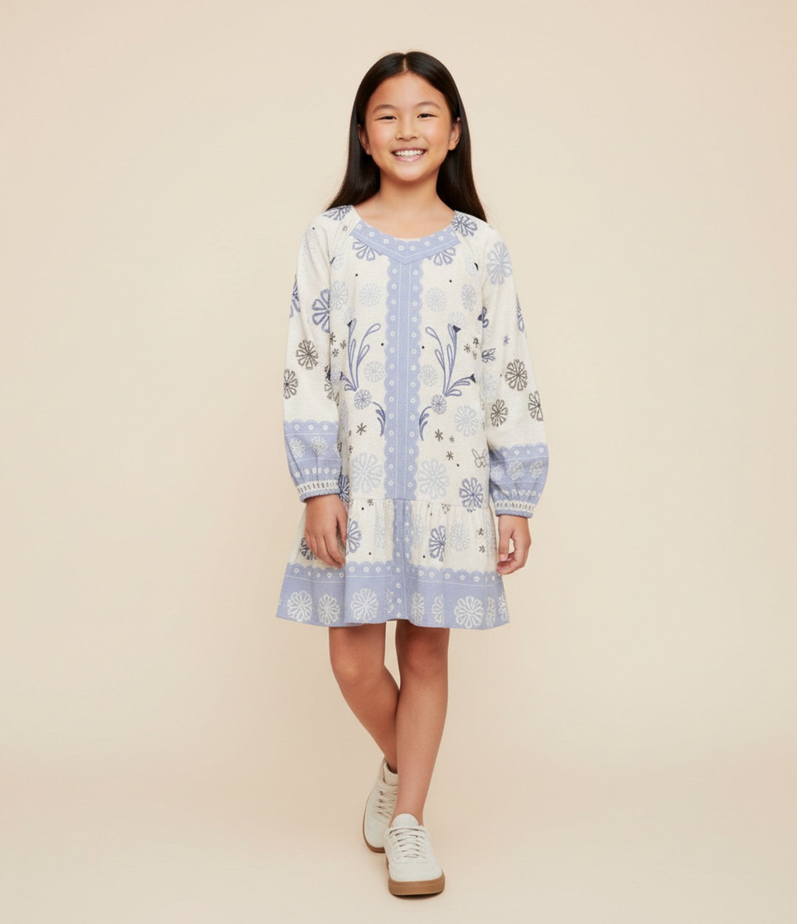 Vestido Infantil com Estampa Tropical e Manga Bufante – Tam 5 a 14 Anos Bege/Azul 1