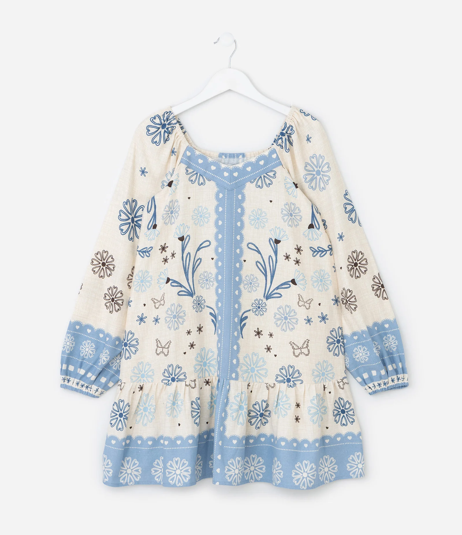 Vestido Infantil com Estampa Tropical e Manga Bufante – Tam 5 a 14 Anos Bege/Azul 2