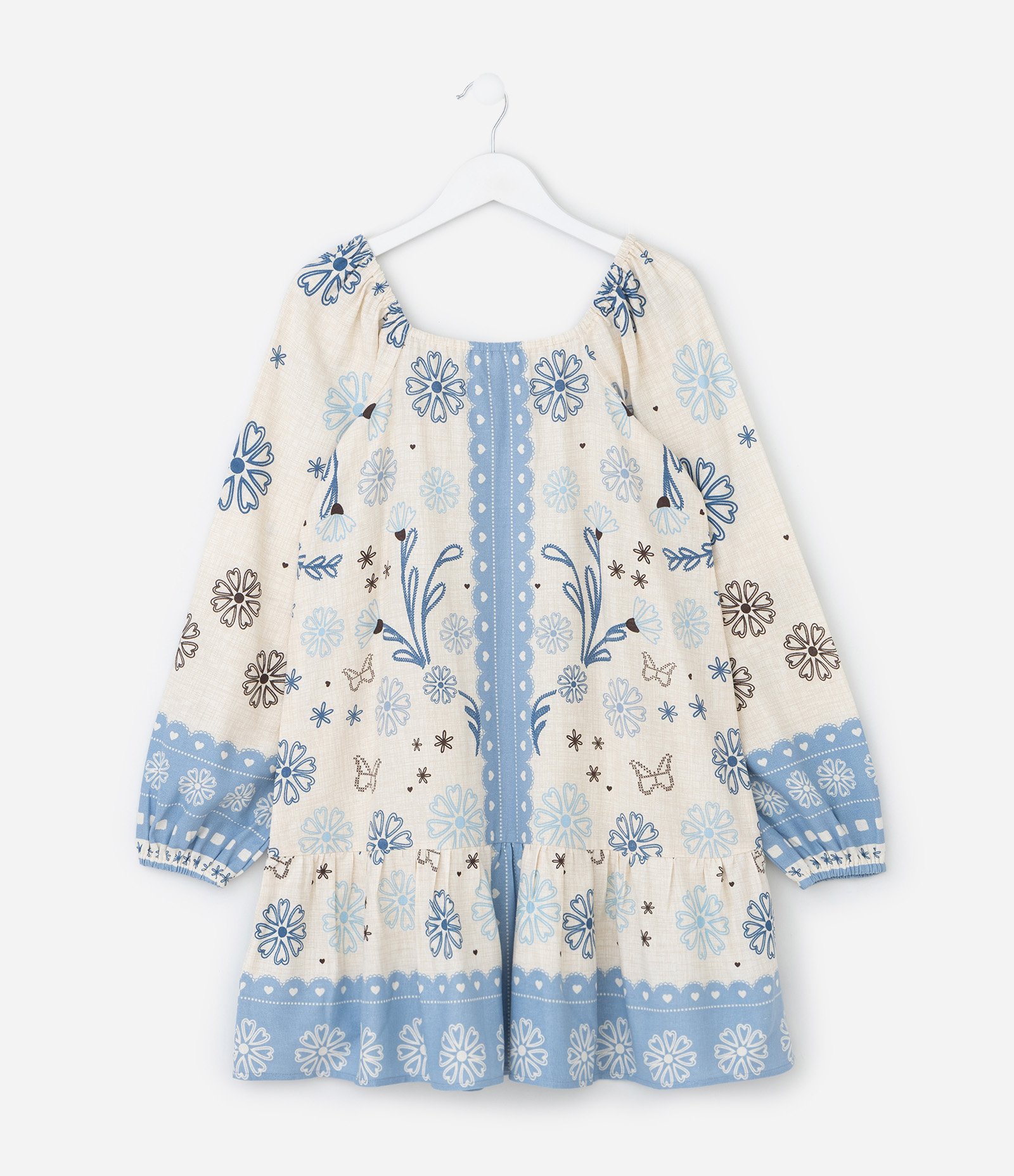 Vestido Infantil com Estampa Tropical e Manga Bufante – Tam 5 a 14 Anos Bege/Azul 3