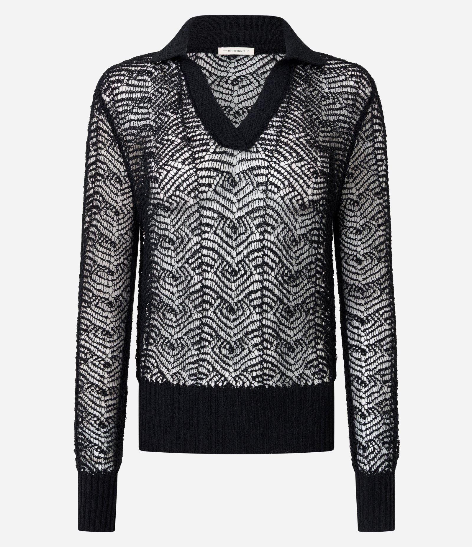 Blusa em Tricô com Gola Polo e Ponto Vazado Preto 5