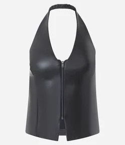 Blusa Frente Única em PU com Zíper Frontal
