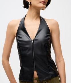 Blusa Frente Única em PU com Zíper Frontal