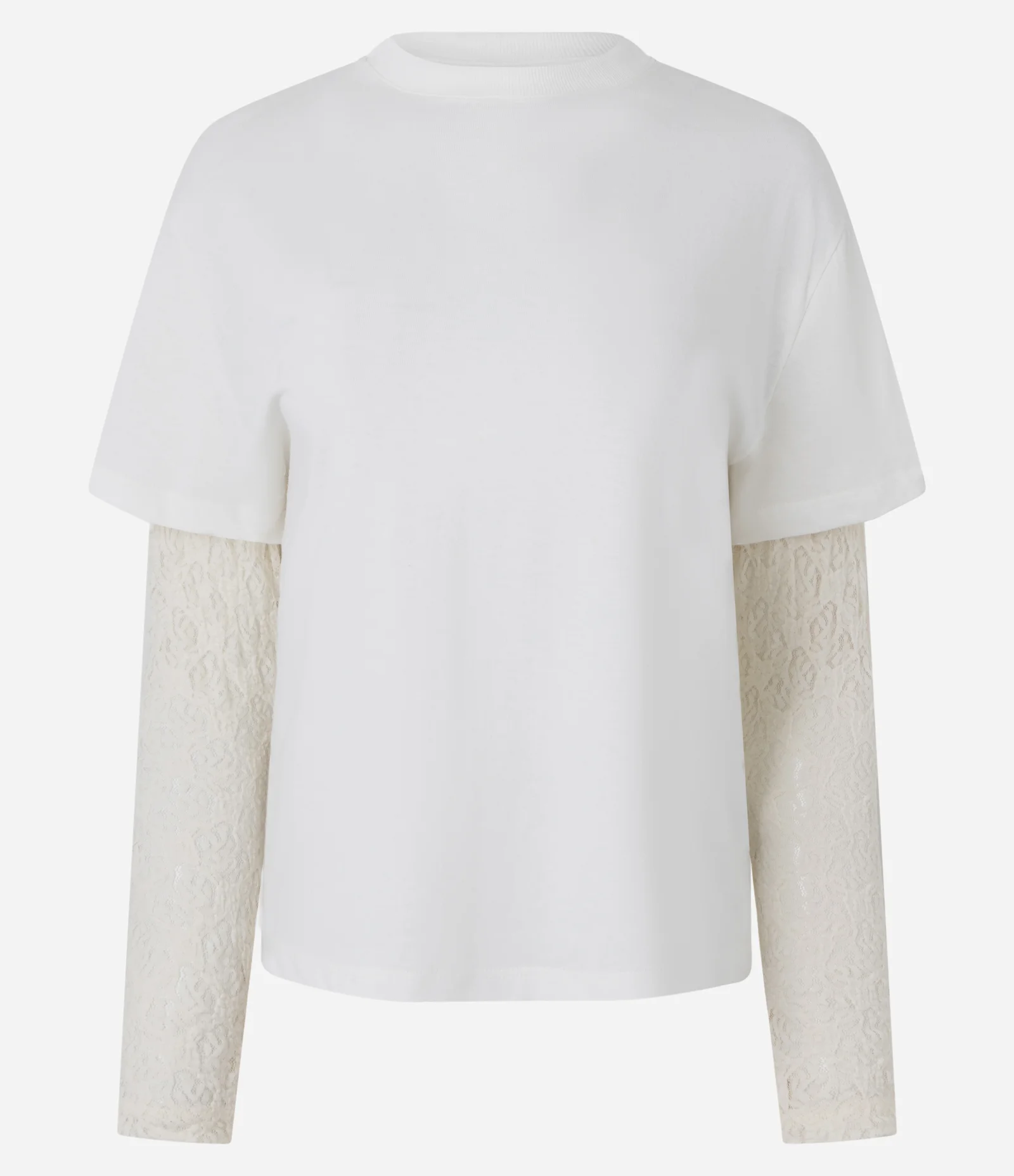 Camiseta com Manga Longa de Renda Sobreposta Off White 1