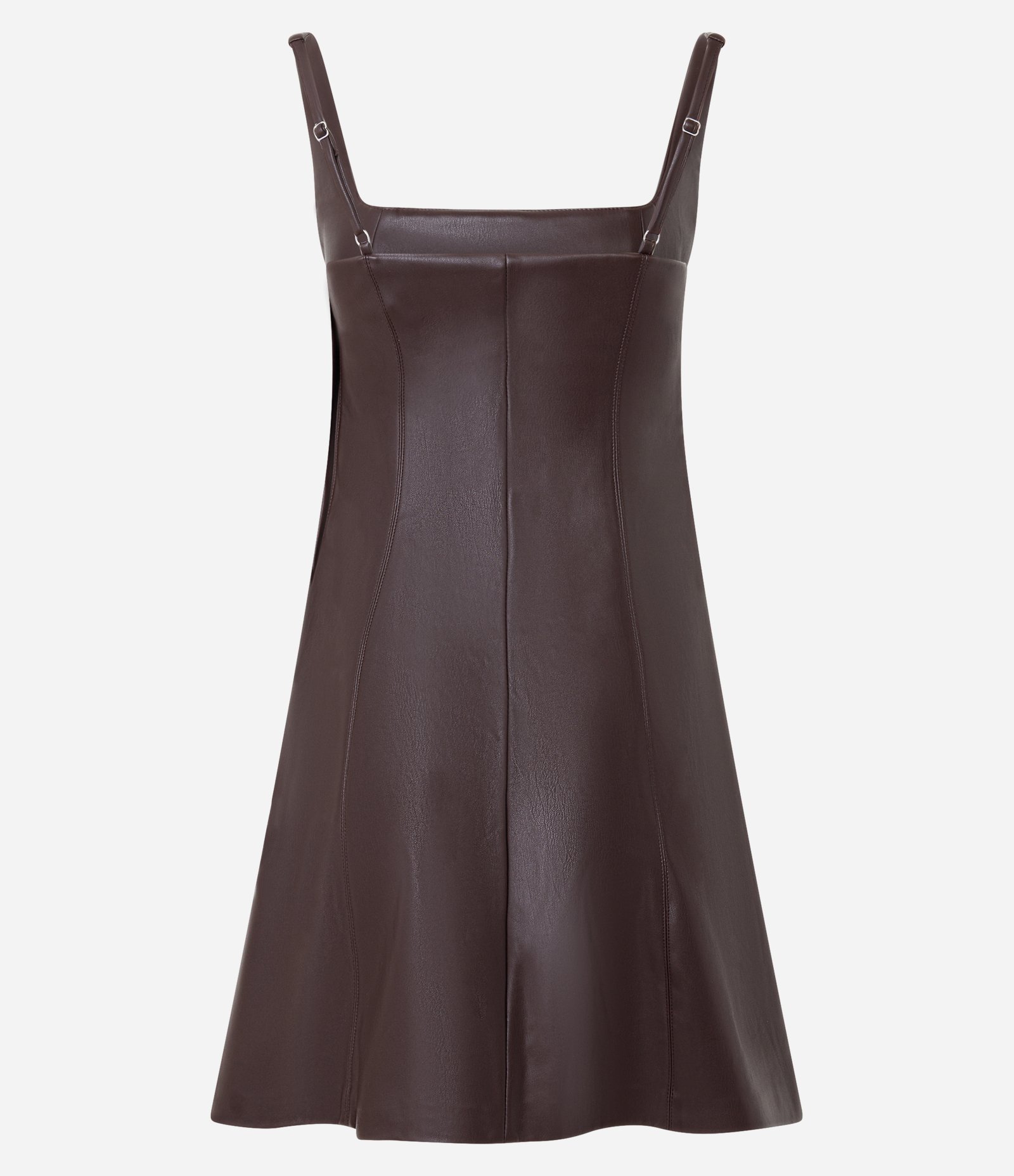 Vestido Skater em PU Curto com Decote Reto Marrom 1