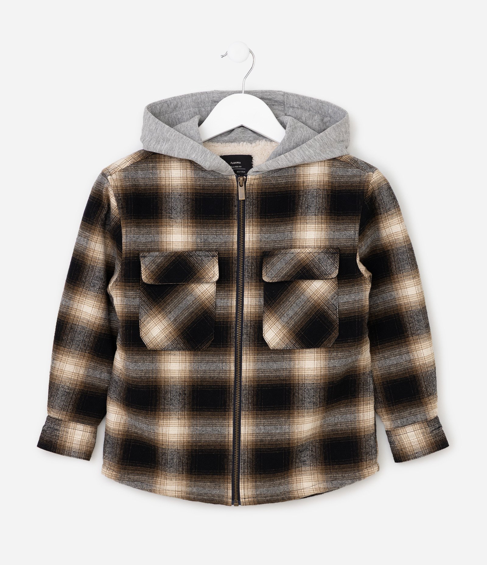 Camisa Infantil Em Algodão Xadrez com Capuz e Forro Interno - Tam 5 a 14 Anos Bege 1