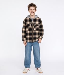 Camisa Infantil Em Algodão Xadrez com Capuz e Forro Interno - Tam 5 a 14 Anos