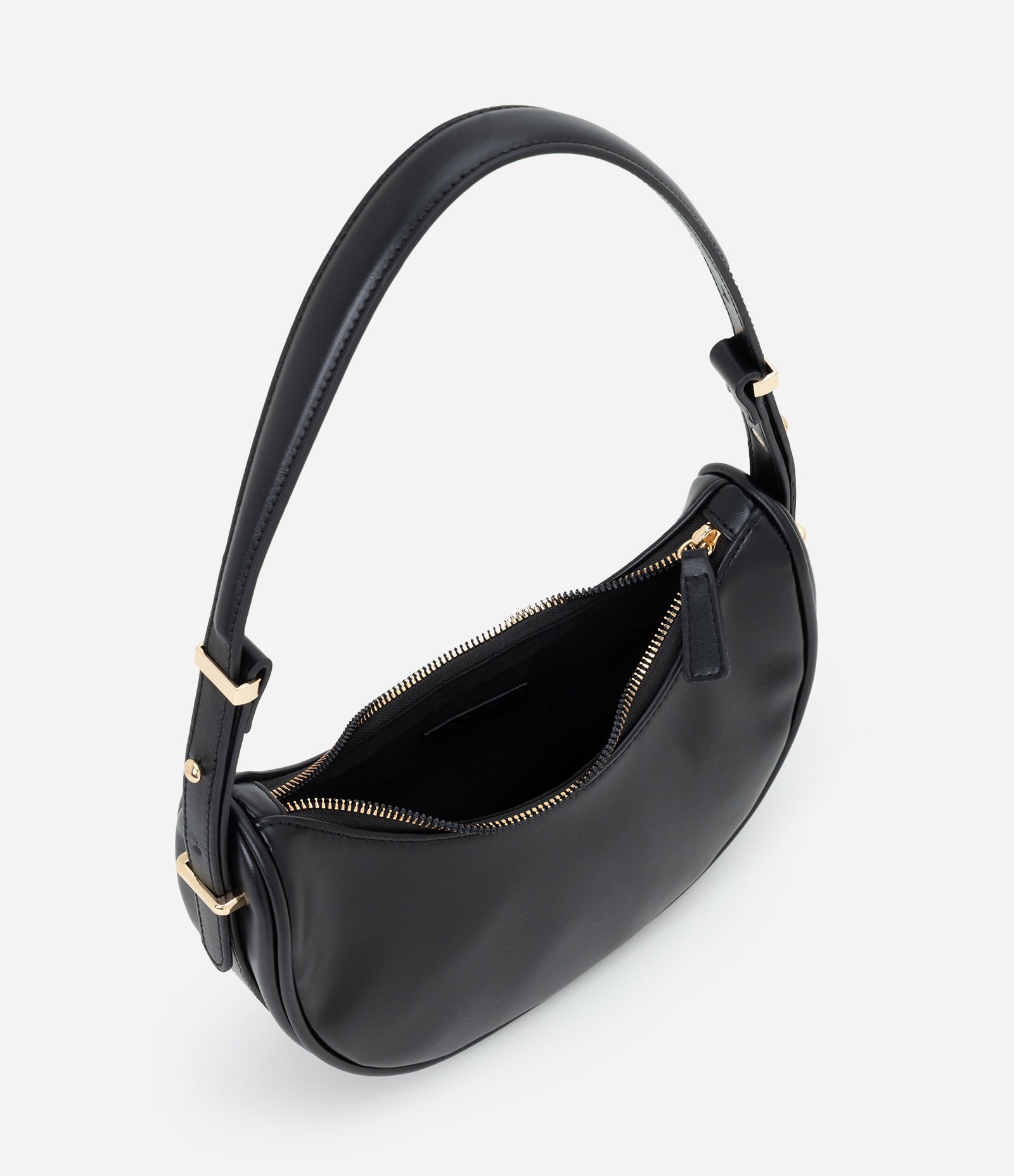 Bolsa Baguete em Pu Meia Lua com Detalhes em Metal na Alça Preto 7