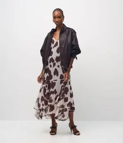 Vestido Longo em Chiffon Animal Print com Decote V