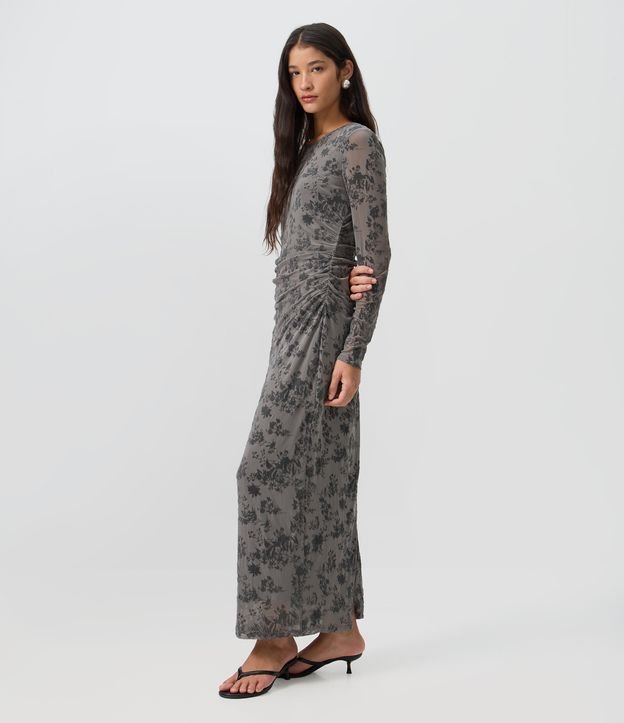 Vestido Midi Manga Longa em Tule Texturizado com Estampa Floral