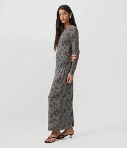 Vestido Midi Manga Longa em Tule Texturizado com Estampa Floral