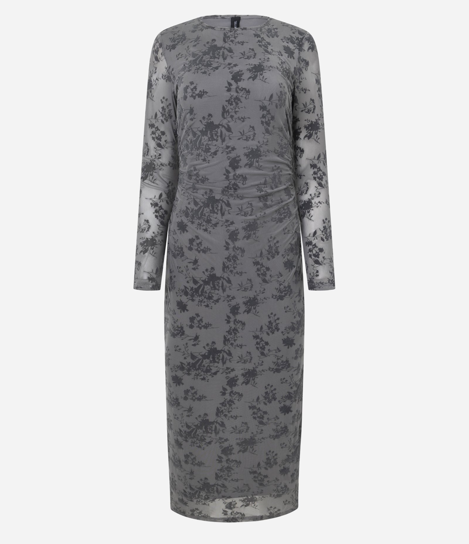 Vestido Midi Manga Longa em Tule Texturizado com Estampa Floral Cinza 1
