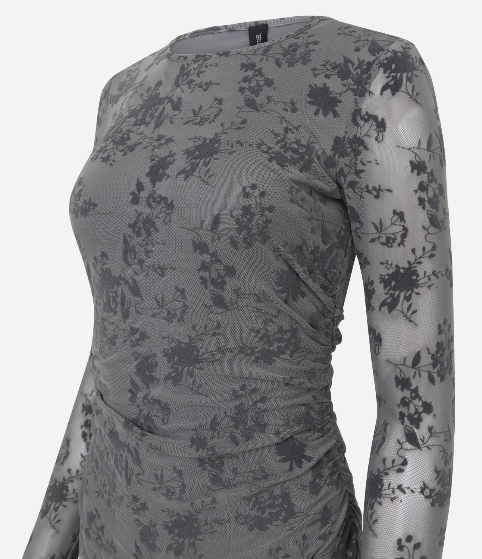 Vestido Midi Manga Longa em Tule Texturizado com Estampa Floral Cinza 2