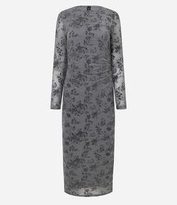 Vestido Midi Manga Longa em Tule Texturizado com Estampa Floral