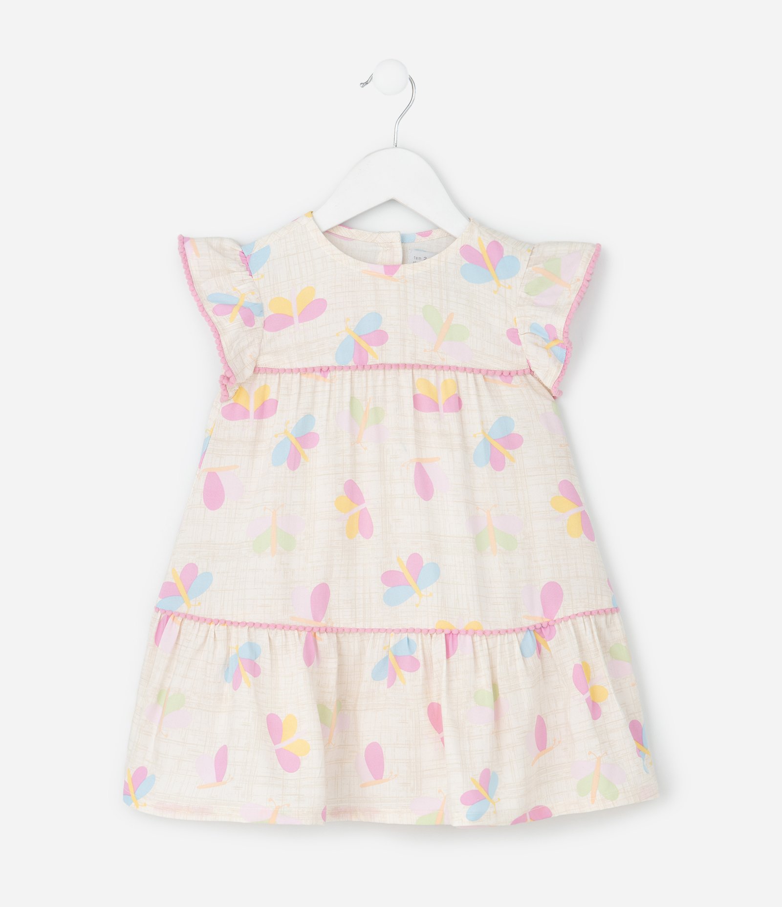 Vestido Infantil com Estampa Borboletas e Pompom – Tam 1 a 6 Anos Off White 1