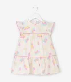 Vestido Infantil com Estampa Borboletas e Pompom – Tam 1 a 6 Anos