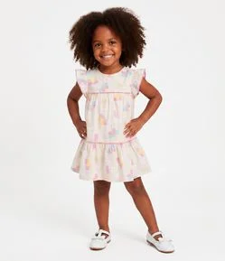 Vestido Infantil com Estampa Borboletas e Pompom – Tam 1 a 6 Anos