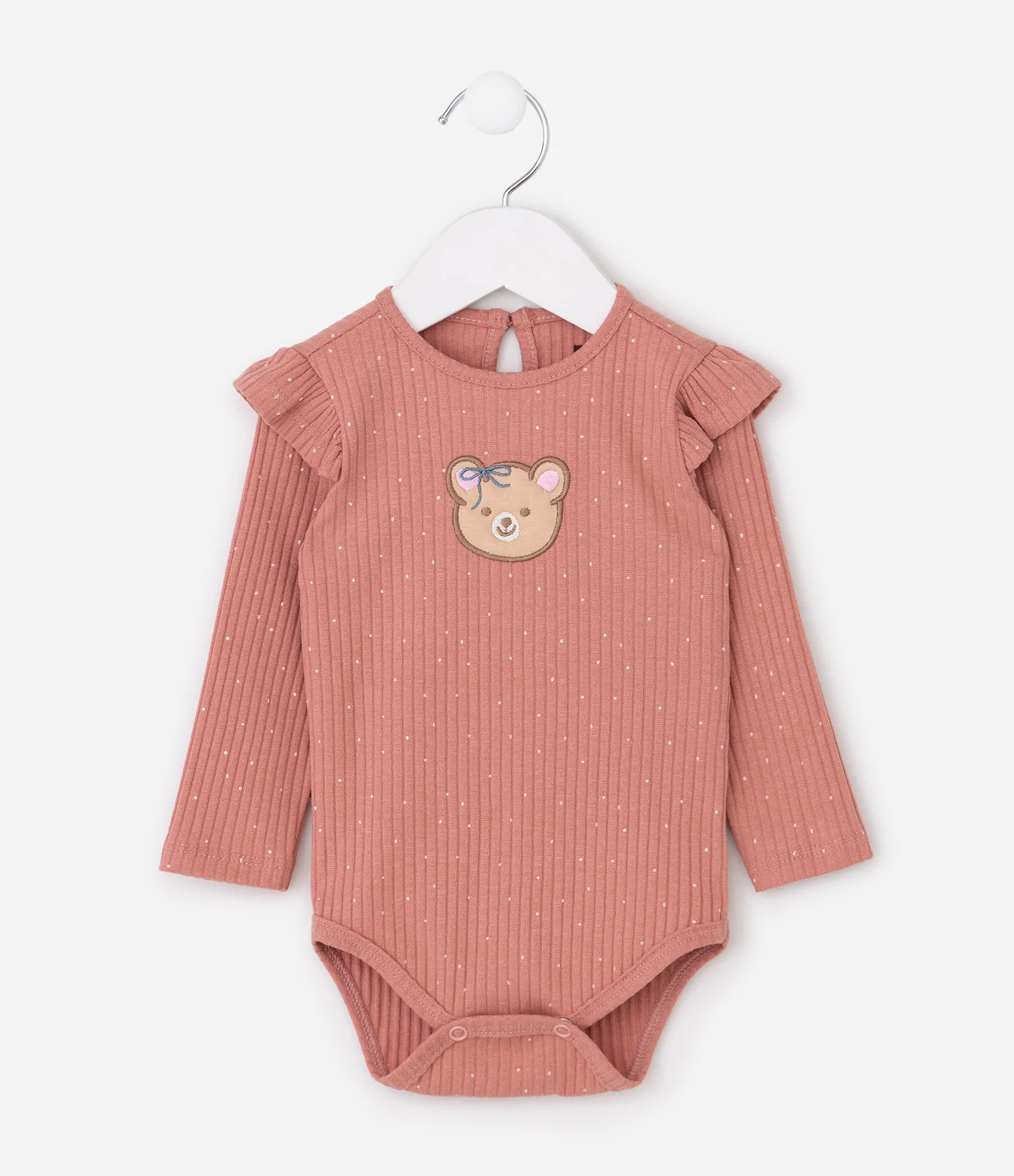 Body Infantil Manga Longa em Ribana com Bordado Poá e Urso – Tam 0 a 18 Meses Rosa Antigo 1