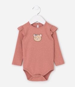 Body Infantil Manga Longa em Ribana com Bordado Poá e Urso – Tam 0 a 18 Meses