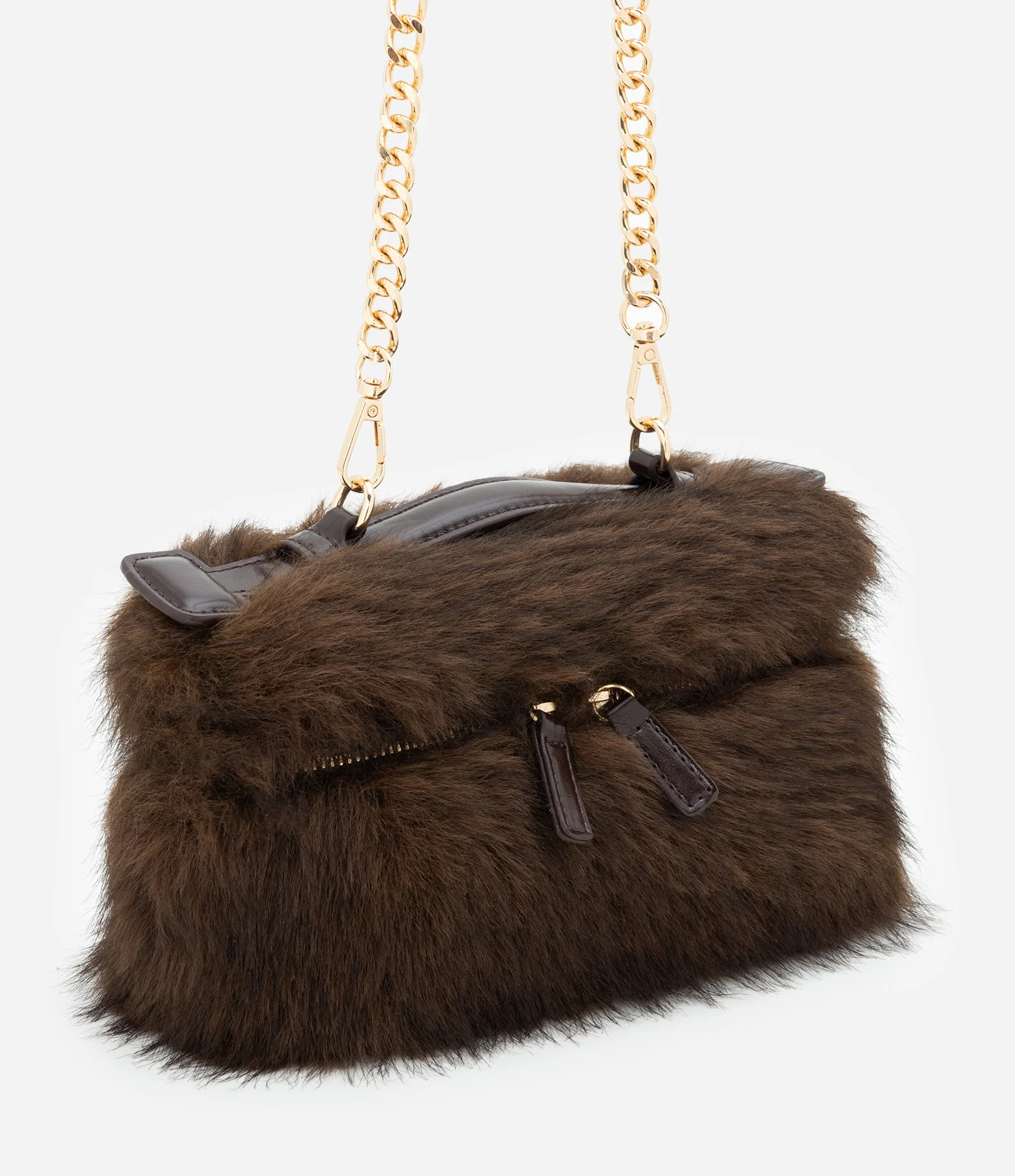 Bolsa Pequena com Alça de Mão e Textura de Pelos Marrom 1
