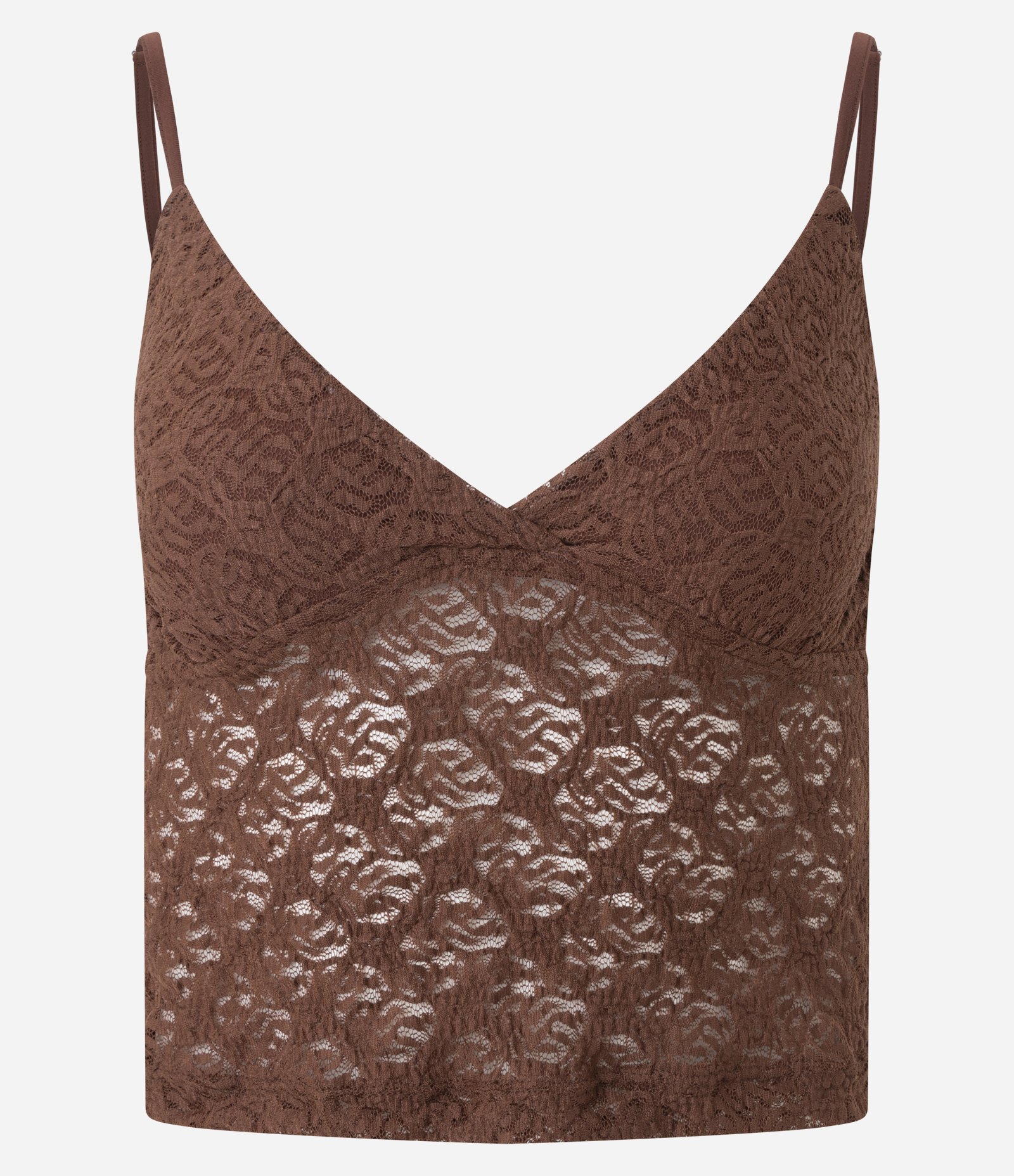 Blusa Regata em Renda Texturizada com Alças Finas Marrom 1