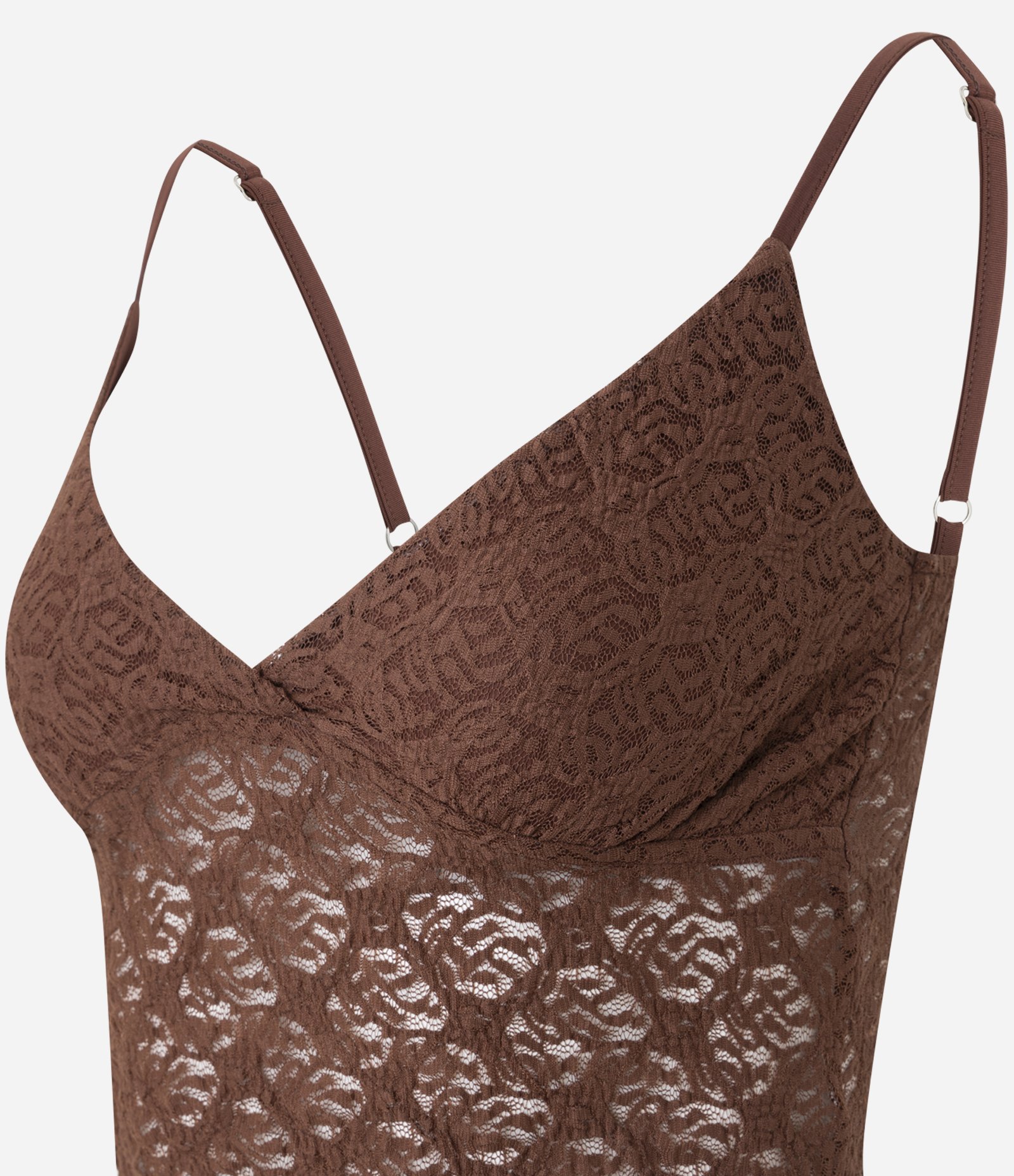 Blusa Regata em Renda Texturizada com Alças Finas Marrom 2