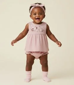 Conjunto Infantil em Anarruga com Bordado Floral – Tam 0 a 18 Meses