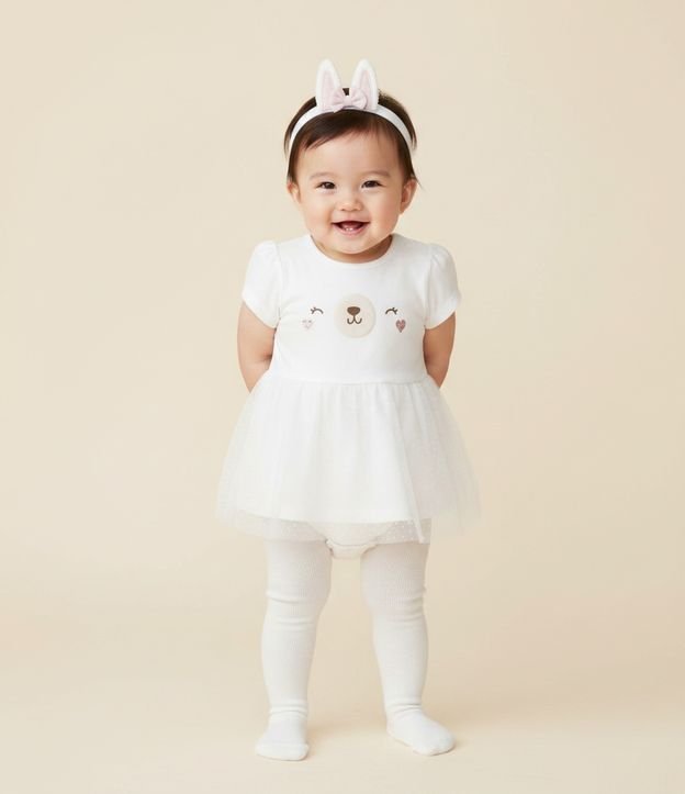 Vestido Body Infantil com Coelhinha e Faixa de Cabelo – Tam 0 a 18 Meses
