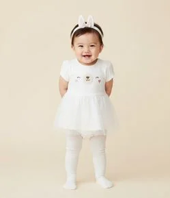 Vestido Body Infantil com Coelhinha e Faixa de Cabelo - Tam 0 a 18 Meses