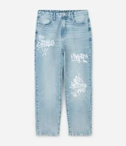 Calça Baggy em Jeans com Lettering Grafite