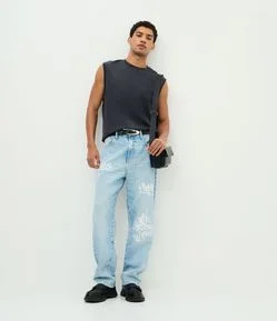 Calça Baggy em Jeans com Lettering Grafite