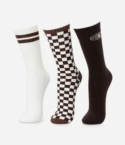 Kit 3 Meias Cano Longo em Algodão com Estampas Diversificadas