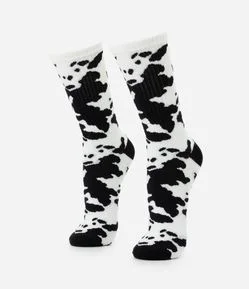 Meia Cano Longo em Algodão com Estampa Animal Print Vaquinha
