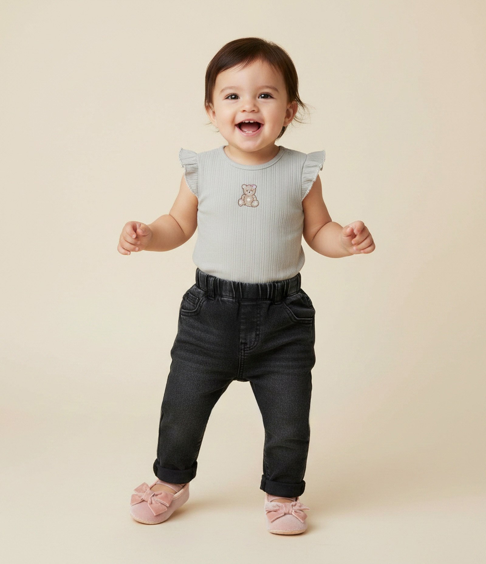Body Infantil em Ribana com Bordado de Urso – Tam 0 a 18 Meses Bege Claro 1