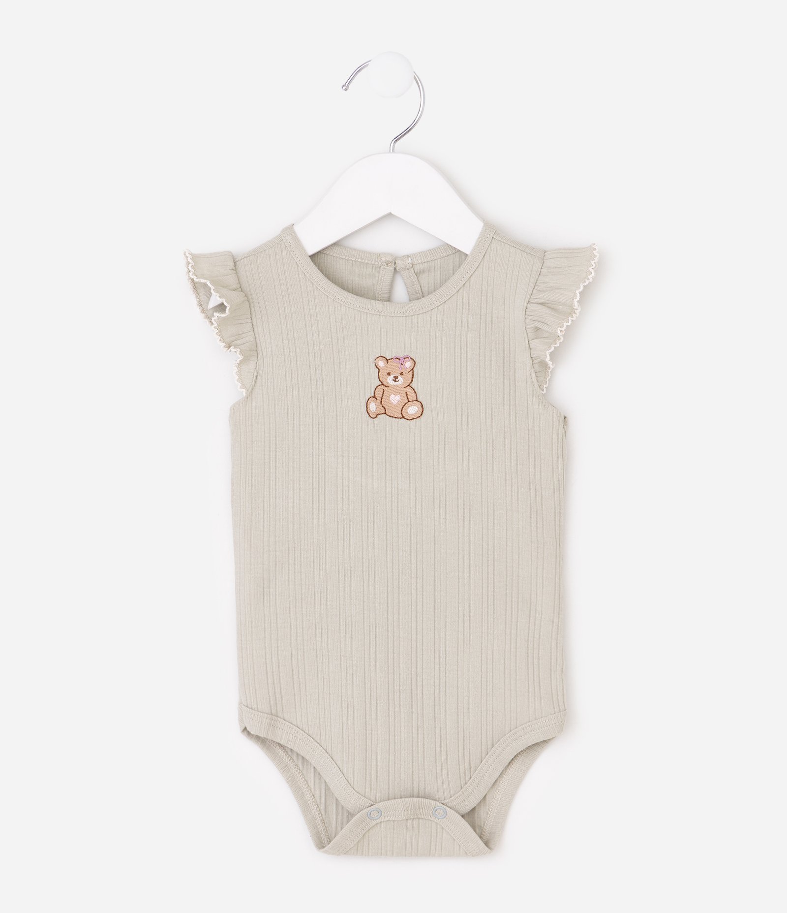 Body Infantil em Ribana com Bordado de Urso – Tam 0 a 18 Meses Bege Claro 2