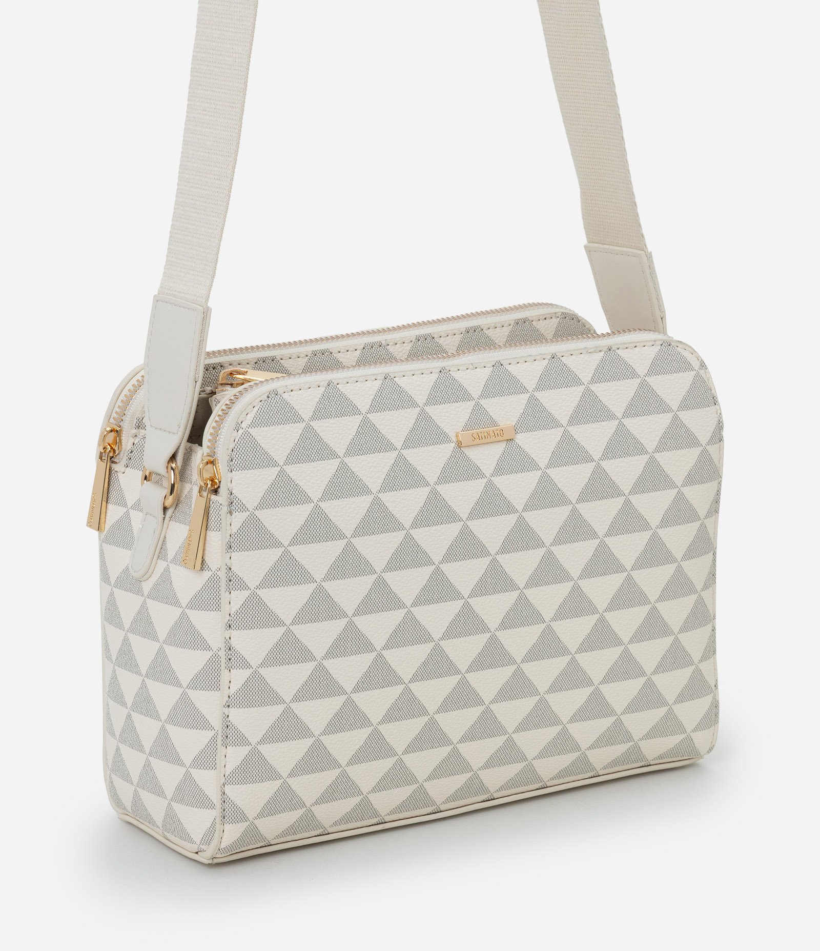 Bolsa Transversal Média em PU com Estampa Triângulos Off White 1