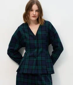 Blazer Peplum Alfaiatado com Estampa Xadrez