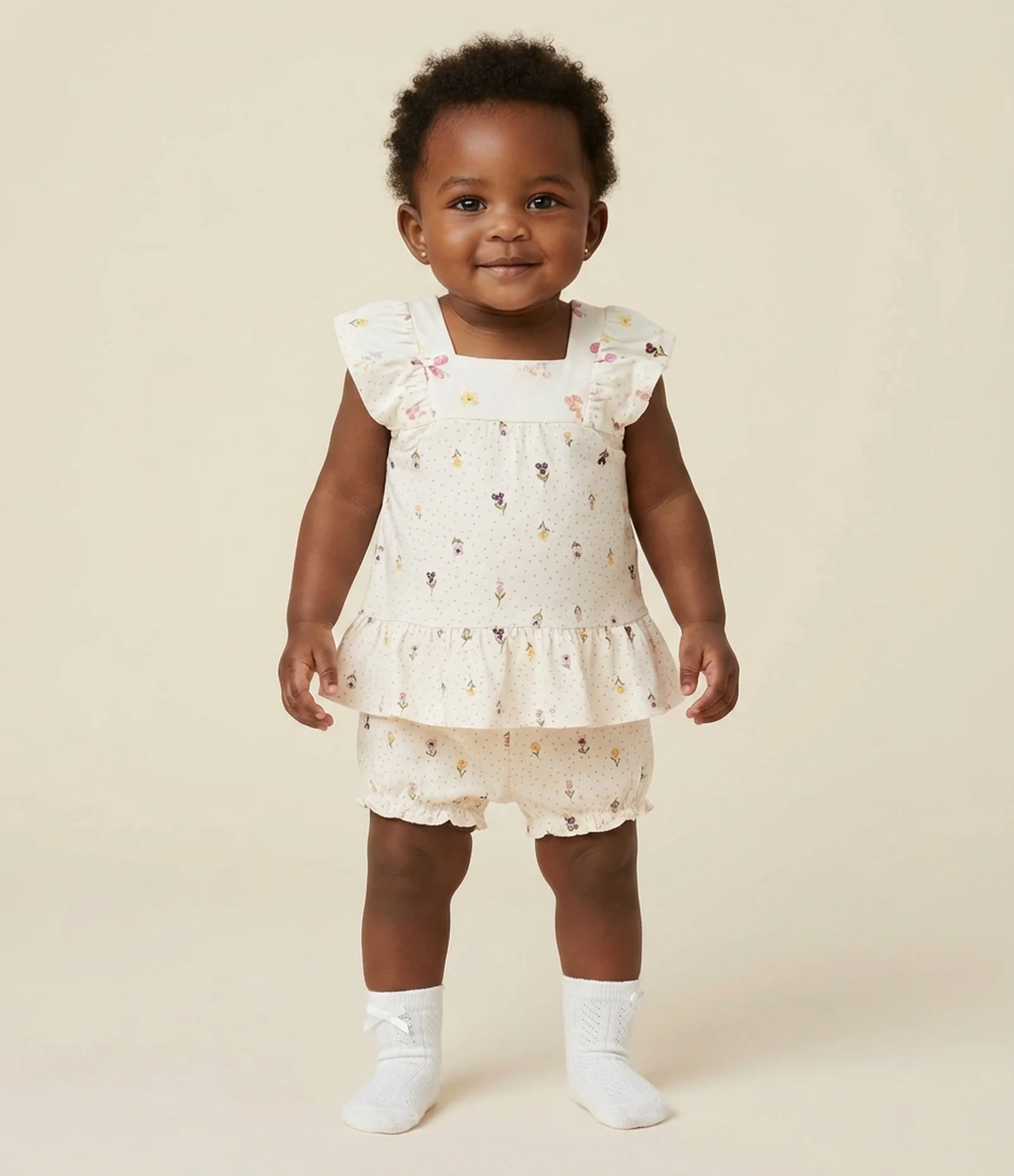 Conjunto Infantil Blusa Manga Curta e Short Floral Poá – Tam 0 a 18 Meses Off White 1