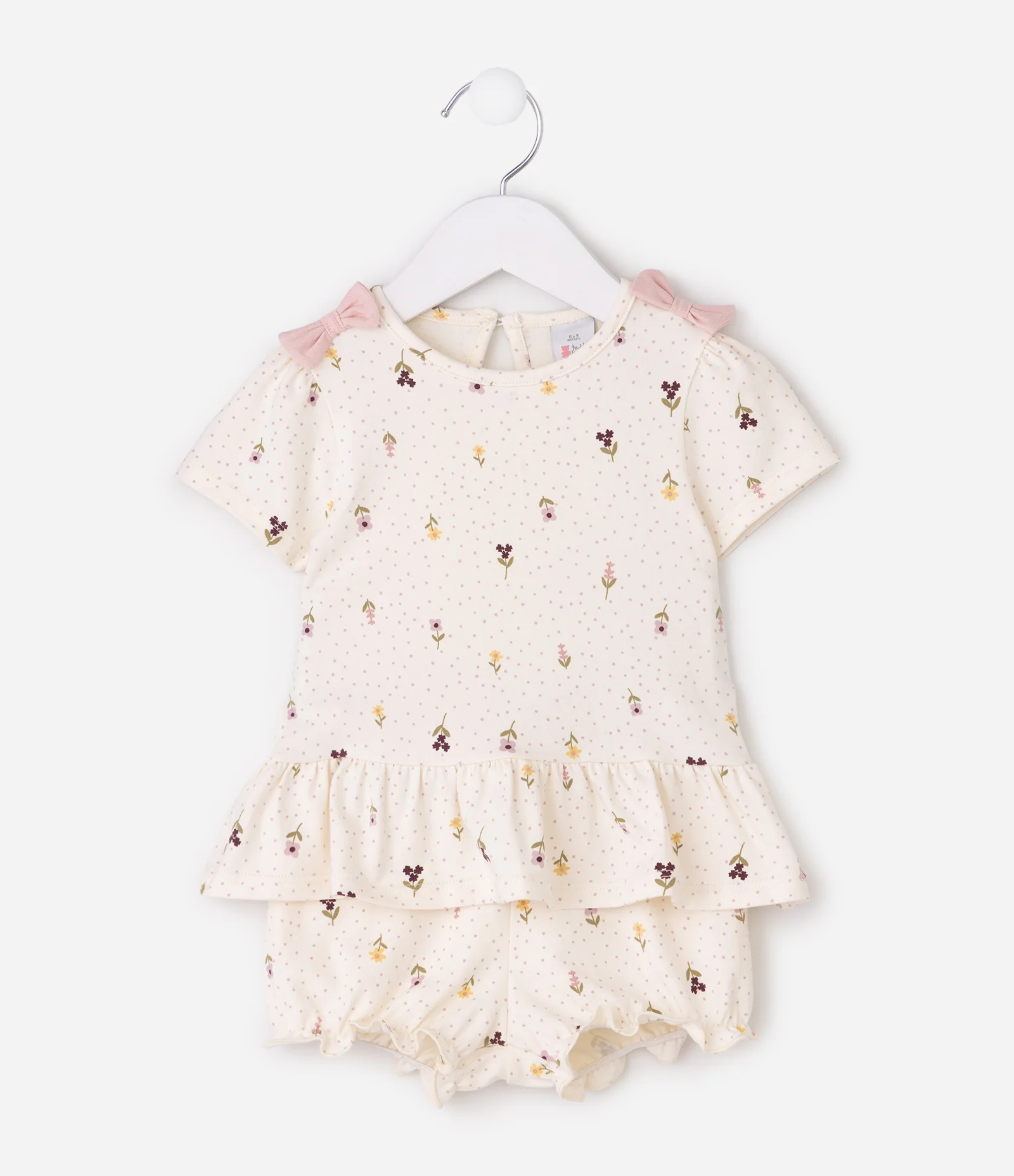 Conjunto Infantil Blusa Manga Curta e Short Floral Poá – Tam 0 a 18 Meses Off White 2