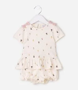 Conjunto Infantil Blusa Manga Curta e Short Floral Poá – Tam 0 a 18 Meses
