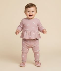 Conjunto Vestido Body e Legging com Lacinhos - Tam 0 a 18 Meses