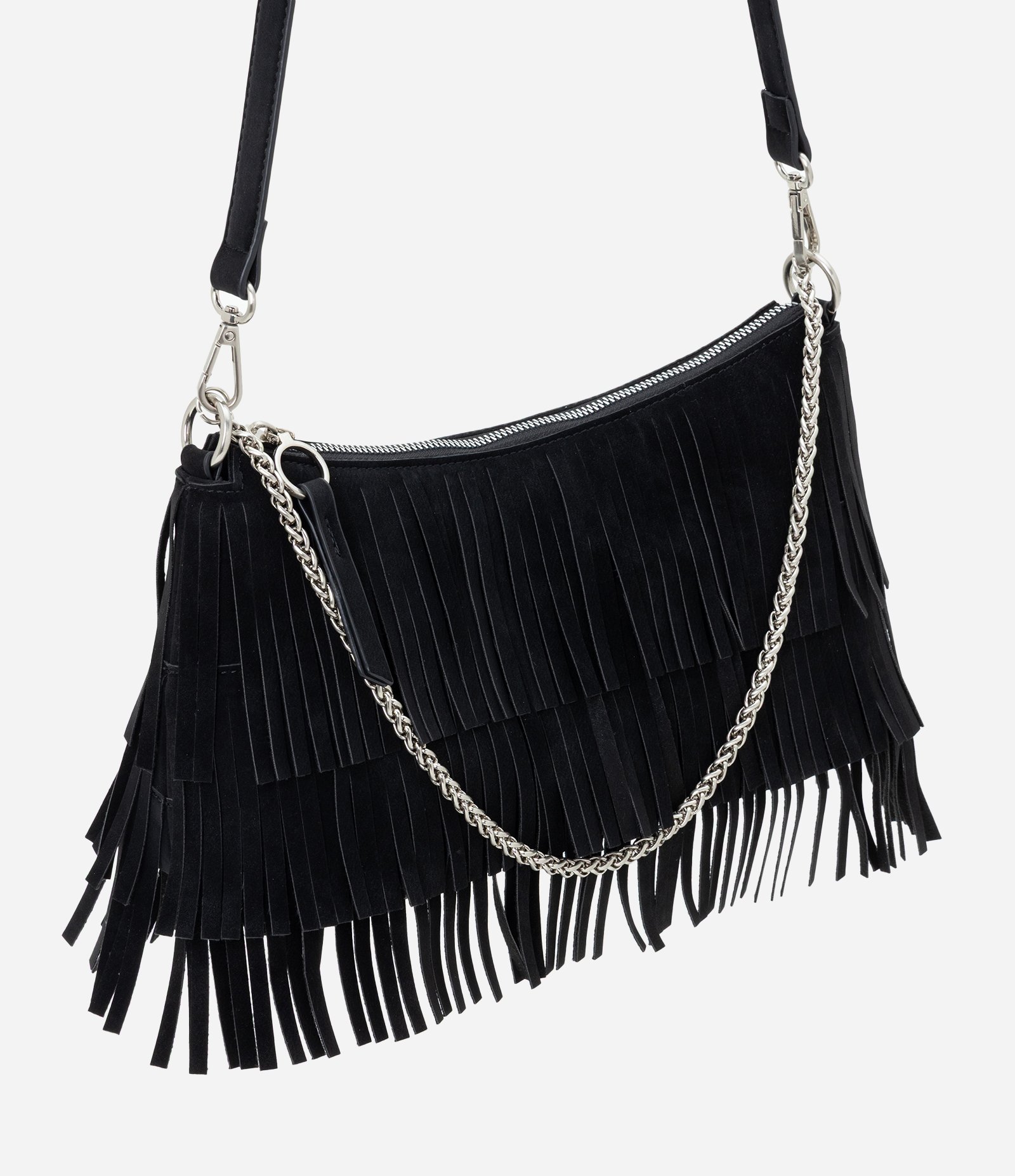 Bolsa Shoulder Média em Suede com Franjas Preto 1