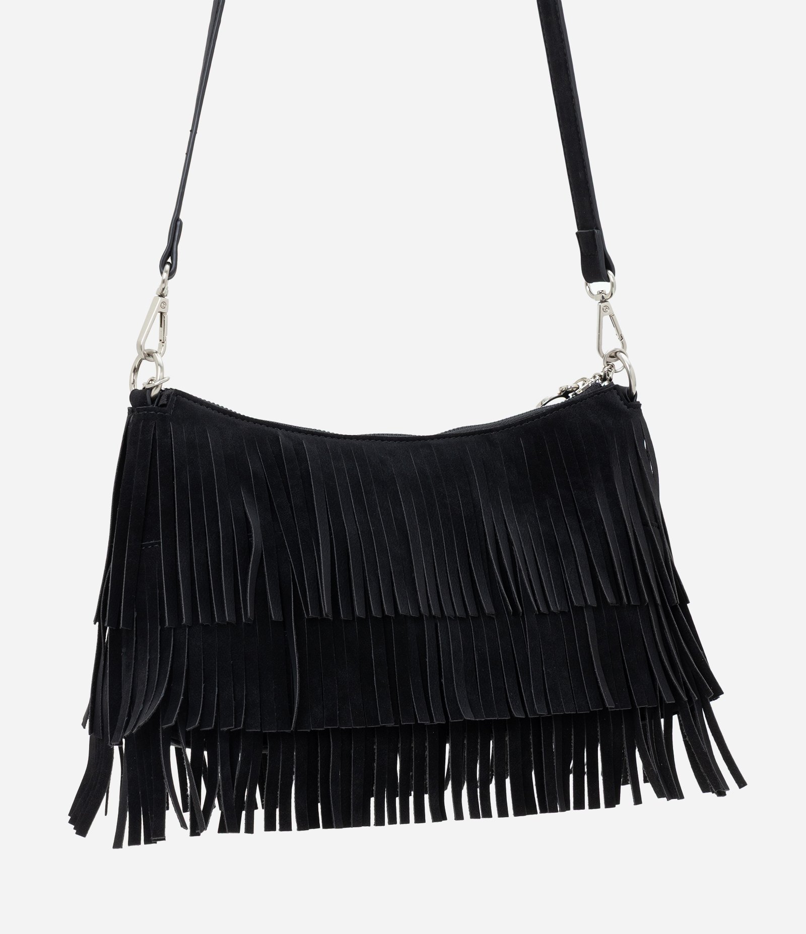 Bolsa Shoulder Média em Suede com Franjas Preto 2