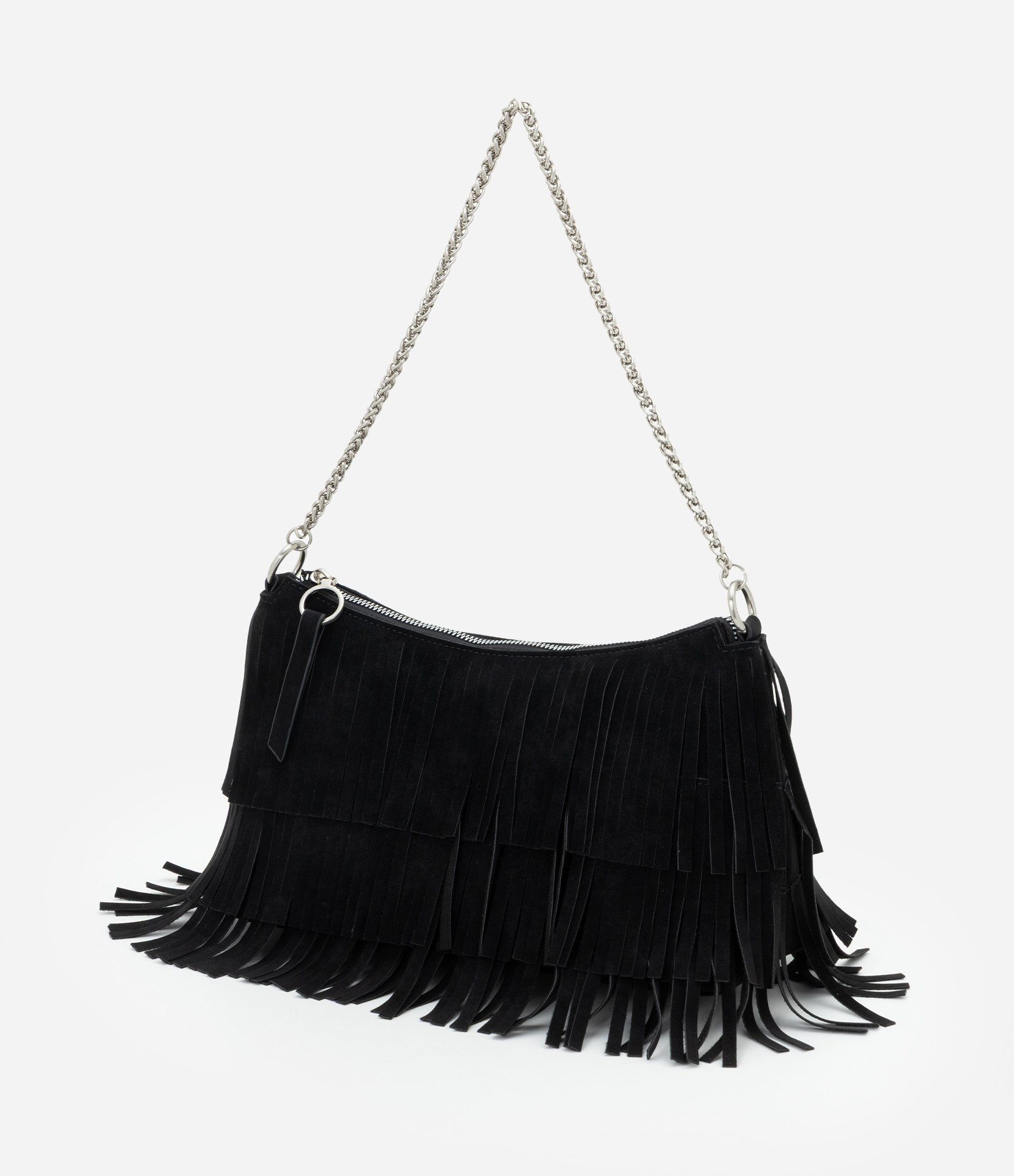 Bolsa Shoulder Média em Suede com Franjas Preto 3