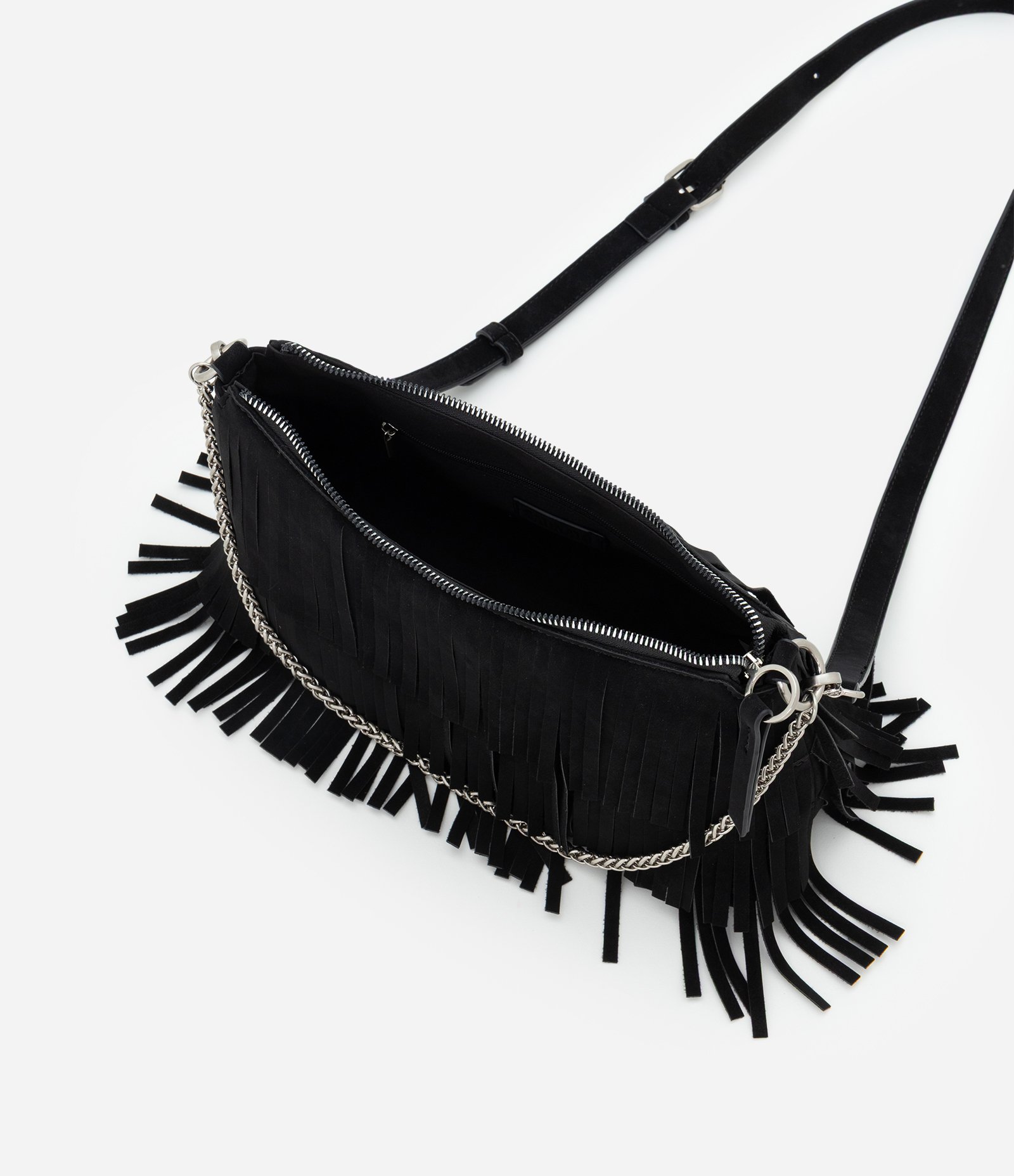 Bolsa Shoulder Média em Suede com Franjas Preto 4