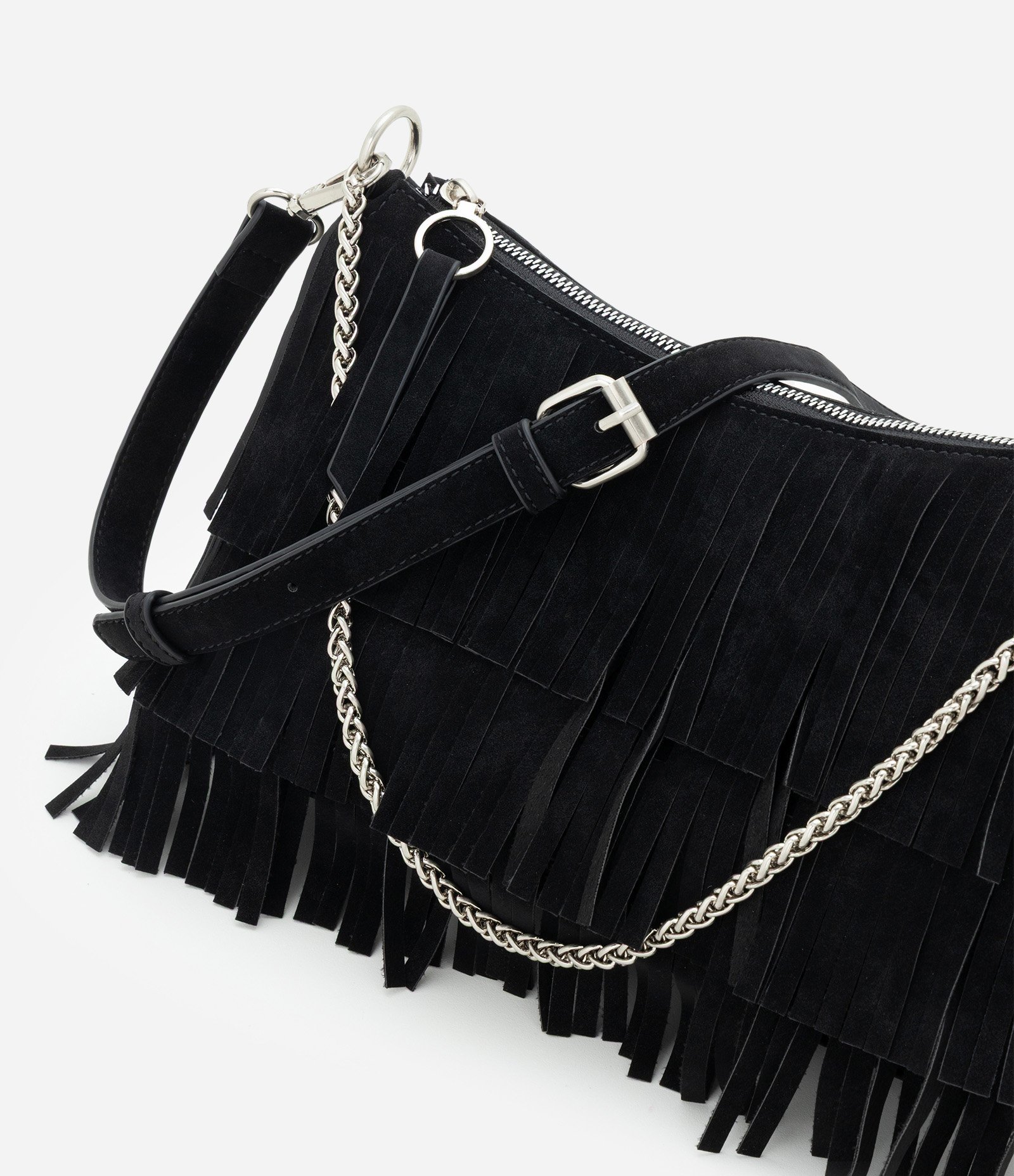Bolsa Shoulder Média em Suede com Franjas Preto 6