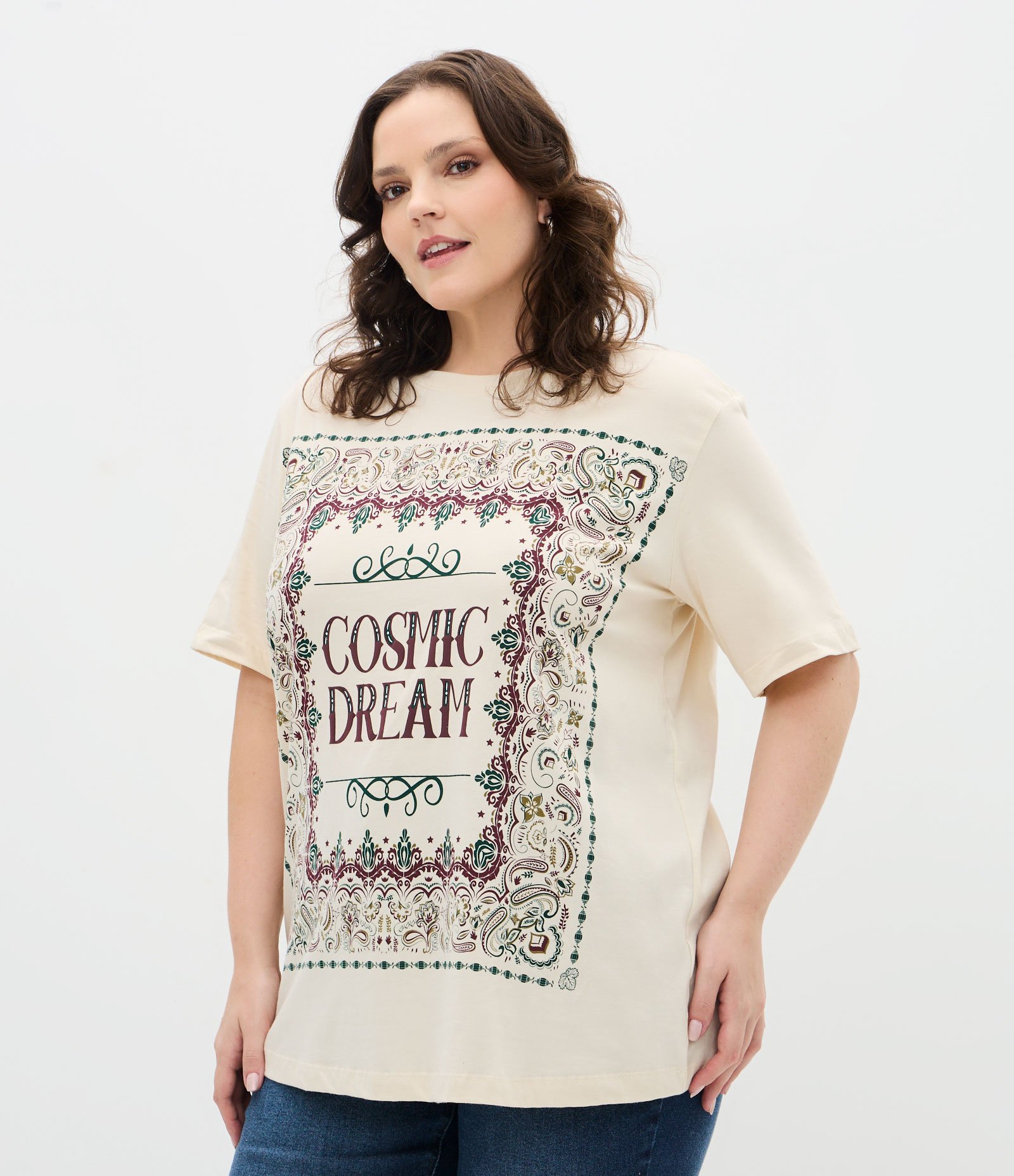 Camiseta Alongada com Estampa em Algodão Curve & Plus Size Bege 1