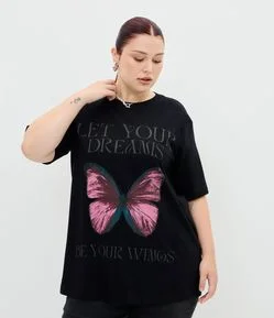 Camiseta Alongada em Meia Malha com Estampa Borboleta Curve & Plus Size