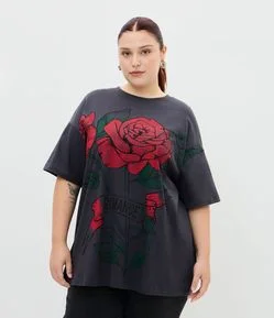 Camiseta Oversized em Meia Malha com Estampa Rosas Curve & Plus Size